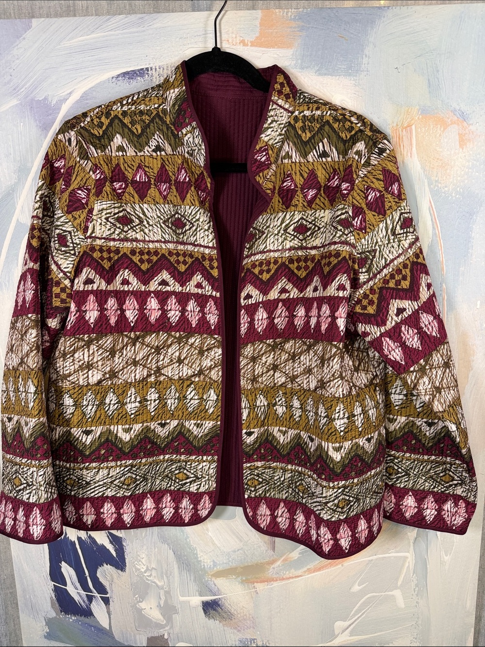 Alfred Dunner Reversible Jacket ~ XL Burgundy Olive Geometric Tribal Print